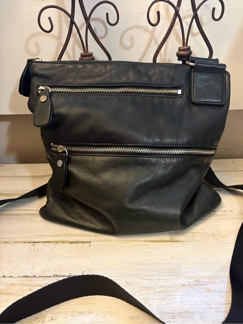 margot Black Leather Crossbody Bag with Silver Zippers